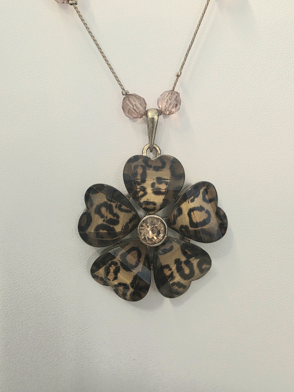 Leopard Print Heart Petal Flower Pendant Gold Crystal Beads Chain SZ 18.25-21"